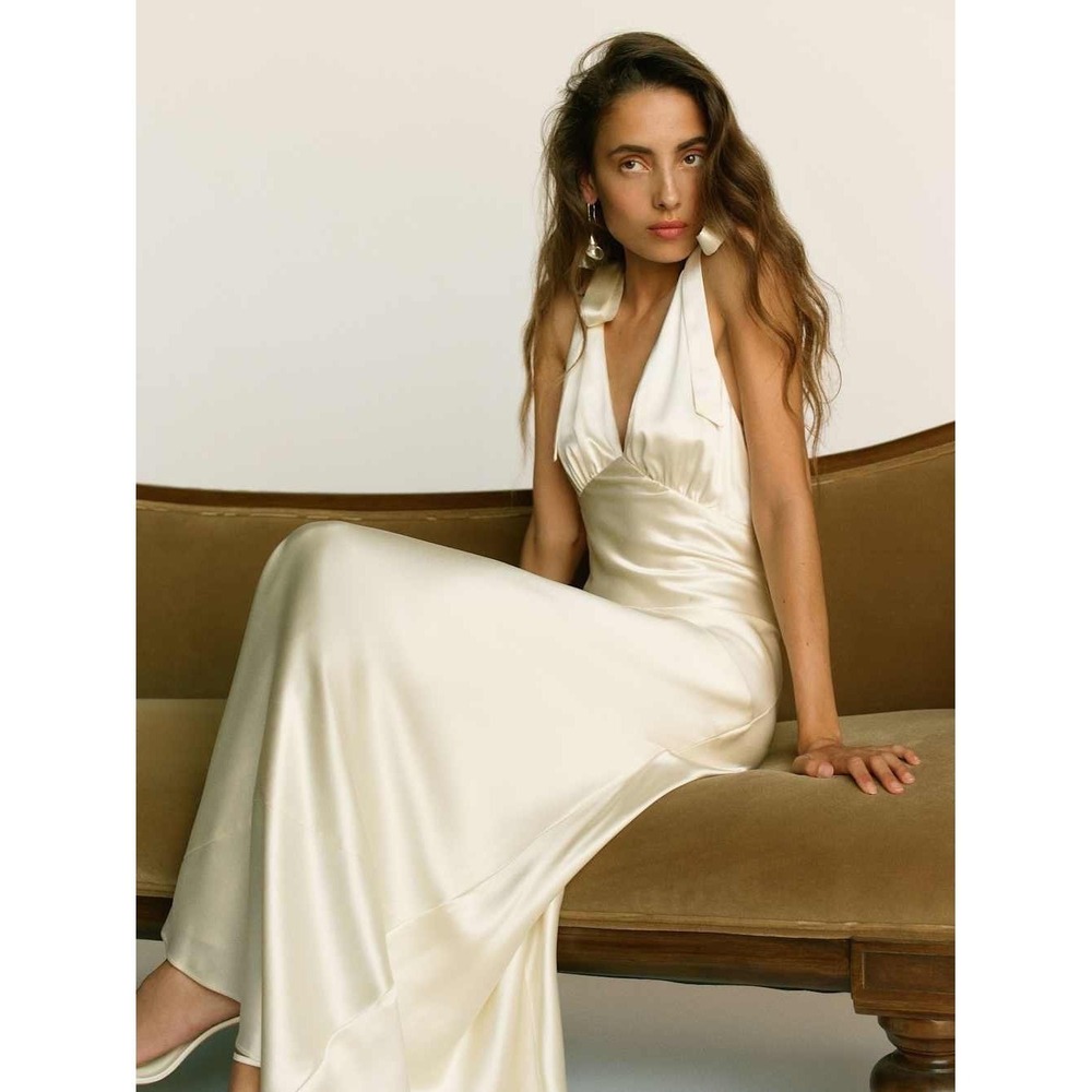 Reformation Pernille Silk Dress Ivory Bridal V Neck Tie Shoulder Maxi Gown New - Picture 5 of 8